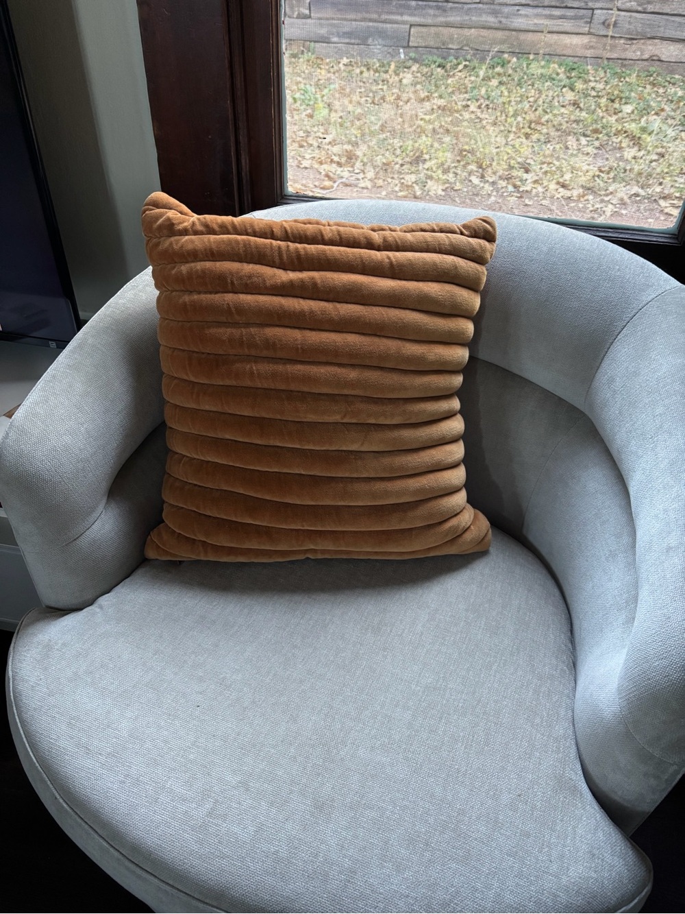 CB2 18x18 Rust Orange Channeled Velvet Throw Pillow with Down Insert